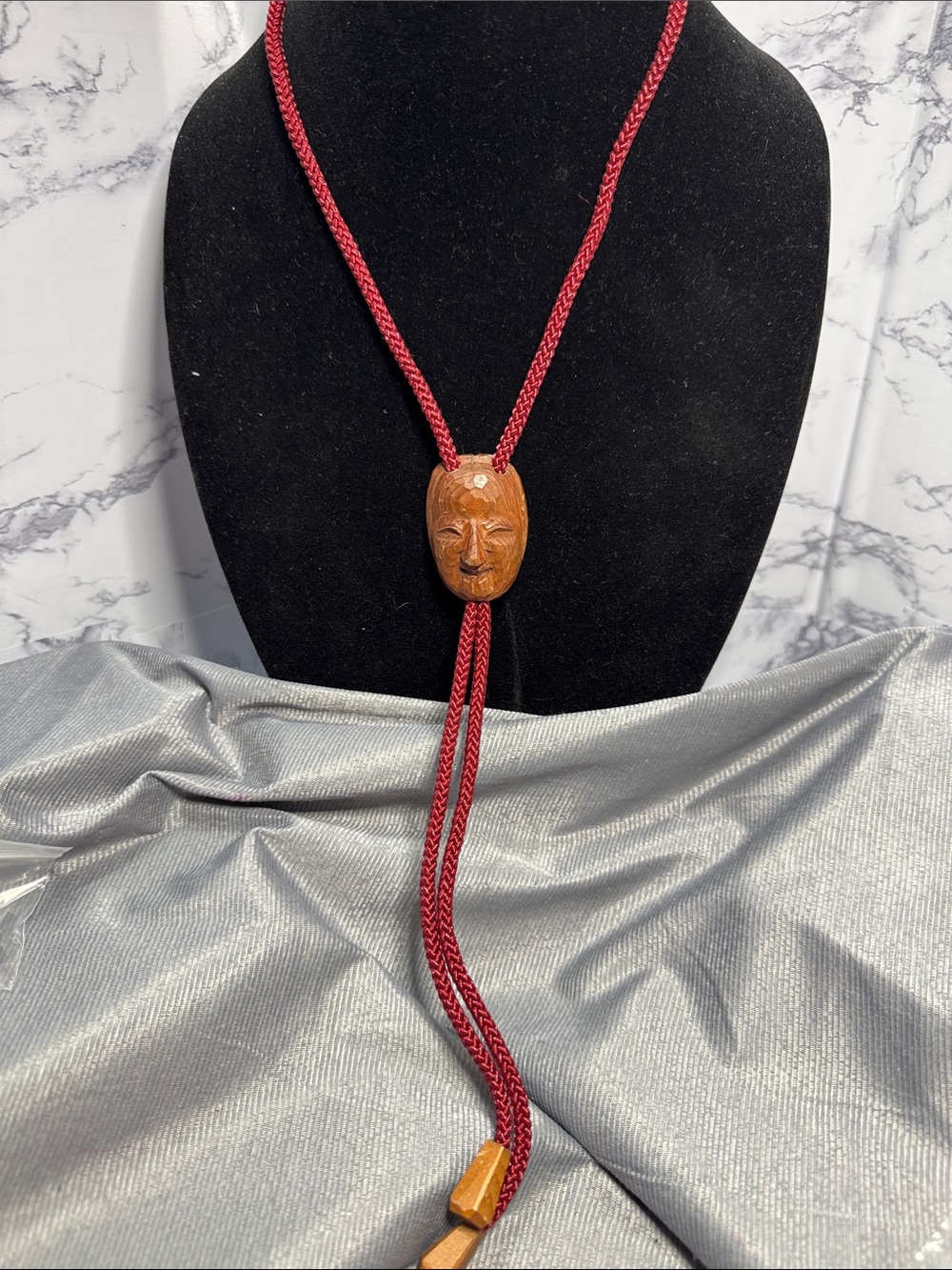 VTG Source Unknown Brown Hand-Carved Mask Pendant on Red Cord